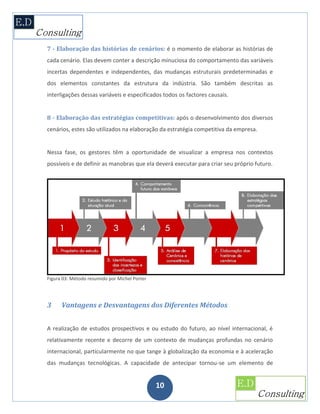 7 - Elaboração das histórias de cenários: é o momento de elaborar as histórias de
cada cenário. Elas devem conter a descrição minuciosa do comportamento das variáveis
incertas dependentes e independentes, das mudanças estruturais predeterminadas e
dos elementos constantes da estrutura da indústria. São também descritas as
interligações dessas variáveis e especificados todos os factores causais.


8 - Elaboração das estratégias competitivas: após o desenvolvimento dos diversos
cenários, estes são utilizados na elaboração da estratégia competitiva da empresa.


Nessa fase, os gestores têm a oportunidade de visualizar a empresa nos contextos
possíveis e de definir as manobras que ela deverá executar para criar seu próprio futuro.




Figura 03: Método resumido por Michel Porter




3     Vantagens e Desvantagens dos Diferentes Métodos


A realização de estudos prospectivos e ou estudo do futuro, ao nível internacional, é
relativamente recente e decorre de um contexto de mudanças profundas no cenário
internacional, particularmente no que tange à globalização da economia e à aceleração
das mudanças tecnológicas. A capacidade de antecipar tornou-se um elemento de


                                               10
 