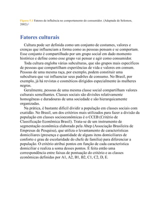 Figura 5.1 Fatores de influência no comportamento do consumidor. (Adaptada de Solomon,
2002).1
Fatores culturais
Cultura pode ser definida como um conjunto de costumes, valores e
crenças que influenciam a forma como as pessoas pensam e se comportam.
Esse conjunto é compartilhado por um grupo social em dado momento
histórico e define como esse grupo vai pensar e agir como consumidor.
Toda cultura engloba várias subculturas, que são grupos mais específicos
de pessoas que compartilham experiências de vida e valores em comum.
Pessoas de uma mesma raça, por exemplo, podem constituir uma
subcultura que vai influenciar seus padrões de consumo. No Brasil, por
exemplo, já há revistas e cosméticos dirigidos especialmente às mulheres
negras.
Geralmente, pessoas de uma mesma classe social compartilham valores
culturais semelhantes. Classes sociais são divisões relativamente
homogêneas e duradouras de uma sociedade e são hierarquicamente
organizadas.
Na prática, é bastante difícil dividir a população em classes sociais com
exatidão. No Brasil, um dos critérios mais utilizados para fazer a divisão da
população em classes socioeconômicas é o CCEB (Critério de
Classificação Econômica Brasil). Trata-se de um instrumento de
segmentação econômica elaborado pela Abep (Associação Brasileira de
Empresas de Pesquisa), que utiliza o levantamento de características
domiciliares (presença e quantidade de alguns itens domiciliares de
conforto e grau de escolaridade do chefe de família) para diferenciar a
população. O critério atribui pontos em função de cada característica
domiciliar e realiza a soma desses pontos. É feita então uma
correspondência entre faixas de pontuação do critério e as classes
econômicas definidas por A1, A2, B1, B2, C1, C2, D, E.
 