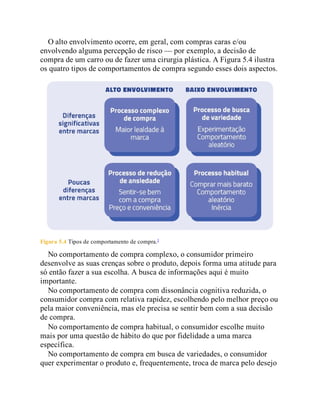 O alto envolvimento ocorre, em geral, com compras caras e/ou
envolvendo alguma percepção de risco — por exemplo, a decisão de
compra de um carro ou de fazer uma cirurgia plástica. A Figura 5.4 ilustra
os quatro tipos de comportamentos de compra segundo esses dois aspectos.
Figura 5.4 Tipos de comportamento de compra.3
No comportamento de compra complexo, o consumidor primeiro
desenvolve as suas crenças sobre o produto, depois forma uma atitude para
só então fazer a sua escolha. A busca de informações aqui é muito
importante.
No comportamento de compra com dissonância cognitiva reduzida, o
consumidor compra com relativa rapidez, escolhendo pelo melhor preço ou
pela maior conveniência, mas ele precisa se sentir bem com a sua decisão
de compra.
No comportamento de compra habitual, o consumidor escolhe muito
mais por uma questão de hábito do que por fidelidade a uma marca
específica.
No comportamento de compra em busca de variedades, o consumidor
quer experimentar o produto e, frequentemente, troca de marca pelo desejo
 