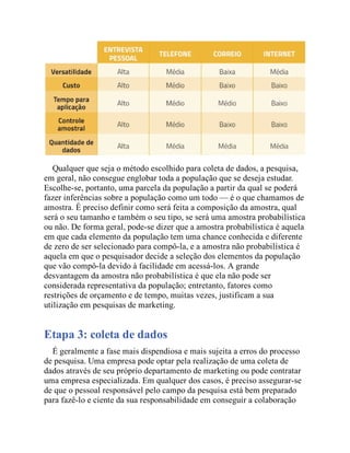 Qualquer que seja o método escolhido para coleta de dados, a pesquisa,
em geral, não consegue englobar toda a população que se deseja estudar.
Escolhe-se, portanto, uma parcela da população a partir da qual se poderá
fazer inferências sobre a população como um todo — é o que chamamos de
amostra. É preciso definir como será feita a composição da amostra, qual
será o seu tamanho e também o seu tipo, se será uma amostra probabilística
ou não. De forma geral, pode-se dizer que a amostra probabilística é aquela
em que cada elemento da população tem uma chance conhecida e diferente
de zero de ser selecionado para compô-la, e a amostra não probabilística é
aquela em que o pesquisador decide a seleção dos elementos da população
que vão compô-la devido à facilidade em acessá-los. A grande
desvantagem da amostra não probabilística é que ela não pode ser
considerada representativa da população; entretanto, fatores como
restrições de orçamento e de tempo, muitas vezes, justificam a sua
utilização em pesquisas de marketing.
Etapa 3: coleta de dados
É geralmente a fase mais dispendiosa e mais sujeita a erros do processo
de pesquisa. Uma empresa pode optar pela realização de uma coleta de
dados através de seu próprio departamento de marketing ou pode contratar
uma empresa especializada. Em qualquer dos casos, é preciso assegurar-se
de que o pessoal responsável pelo campo da pesquisa está bem preparado
para fazê-lo e ciente da sua responsabilidade em conseguir a colaboração
 