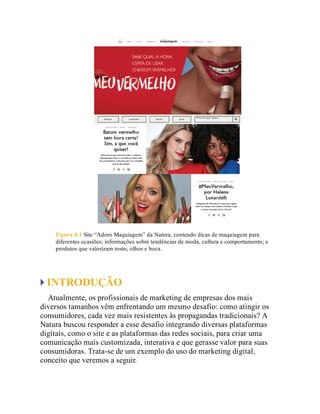 Figura 8.1 Site “Adoro Maquiagem” da Natura, contendo dicas de maquiagem para
diferentes ocasiões; informações sobre tendências de moda, cultura e comportamento; e
produtos que valorizam rosto, olhos e boca.
INTRODUÇÃO
Atualmente, os profissionais de marketing de empresas dos mais
diversos tamanhos vêm enfrentando um mesmo desafio: como atingir os
consumidores, cada vez mais resistentes às propagandas tradicionais? A
Natura buscou responder a esse desafio integrando diversas plataformas
digitais, como o site e as plataformas das redes sociais, para criar uma
comunicação mais customizada, interativa e que gerasse valor para suas
consumidoras. Trata-se de um exemplo do uso do marketing digital,
conceito que veremos a seguir.
 