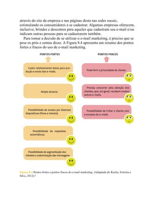 através do site da empresa e nas páginas desta nas redes socais,
estimulando os consumidores a se cadastrar. Algumas empresas oferecem,
inclusive, brindes e descontos para aqueles que cadastram seu e-mail e/ou
indicam outras pessoas para se cadastrarem também.
Para tomar a decisão de se utilizar o e-mail marketing, é preciso que se
pese os prós e contas disso. A Figura 8.4 apresenta um resumo dos pontos
fortes e fracos do uso de e-mail marketing.
Figura 8.4 Pontos fortes e pontos fracos do e-mail marketing. (Adaptada de Rocha, Ferreira e
Silva, 2012).4
 