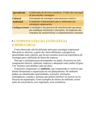 Aprendizado Colaboração de diversos membros. O líder não tem papel
de preconceber estratégias
Cultural Formulação de estratégia como processo coletivo
Ambiental O ambiente é determinante para a elaboração das
estratégias empresariais
Configuracional A estratégia é um processo de transformação que passa
por mudanças estruturais e inovações. As empresas são
conjuntos de características e comportamentos coerentes
COMPONENTES DA ESTRATÉGIA
EMPRESARIAL
Como observado, não há definição única para estratégia empresarial.
Mas pode-se observar, a partir das várias definições e perspectivas
apresentadas neste capítulo, que há um consenso acerca da importância da
estratégia para a definição do futuro da empresa.
Para que a estratégia possa desempenhar seu papel, ela precisa ter três
componentes básicos: ambiente, empresa e adequação entre ambos (Figura
1.6). Veremos com detalhes cada um deles.
O primeiro componente é o ambiente, que compreende as variáveis que
afetam diretamente a organização em seu planejamento. No ambiente
podem ser identificadas oportunidades, restrições, limitações,
contingências, coações e ameaças que podem interferir no sucesso ou no
fracasso da organização. Como exemplos de fatores do ambiente, temos
ações da concorrência, nova legislação, crise econômica.
 