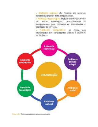 Ambiente natural: diz respeito aos recursos
naturais relevantes para a organização.
Ambiente tecnológico: inclui o desenvolvimento
de novas tecnologias, procedimentos e
equipamentos para produção de mercadorias e
prestação de serviços.
Ambiente competitivo: se refere aos
movimentos dos concorrentes diretos e indiretos
na indústria.
Figura 2.2 Ambientes externos a uma organização.
 