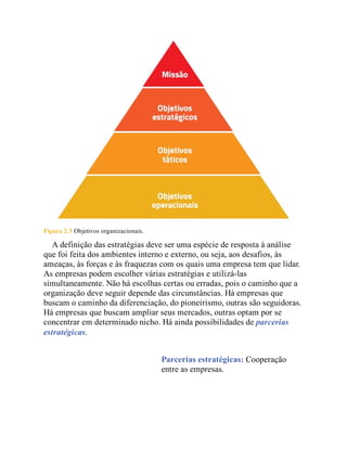 Figura 2.3 Objetivos organizacionais.
A definição das estratégias deve ser uma espécie de resposta à análise
que foi feita dos ambientes interno e externo, ou seja, aos desafios, às
ameaças, às forças e às fraquezas com os quais uma empresa tem que lidar.
As empresas podem escolher várias estratégias e utilizá-las
simultaneamente. Não há escolhas certas ou erradas, pois o caminho que a
organização deve seguir depende das circunstâncias. Há empresas que
buscam o caminho da diferenciação, do pioneirismo, outras são seguidoras.
Há empresas que buscam ampliar seus mercados, outras optam por se
concentrar em determinado nicho. Há ainda possibilidades de parcerias
estratégicas.
Parcerias estratégicas: Cooperação
entre as empresas.
 