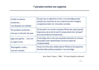 7 pecados mortais nos negócios




Confiar em planos               Se quer que os objectivos sirvam a sua estratégia, preste
                                atenção aos incentivos ao seu cumprimento.As vantagens
excelentes…
                                competitivas dever ser renovadas, recriadas.
mas afastados da realidade

Ter produtos excelentes…        O mercado é um animal irrequieto. Muitas das vezes quando
                                disparamos, ele já não lá está. A compreensão dos “porquês”
mas que o mercado não quer
                                dos consumidores é fundamental.

Jogar para ganhar… mas com      A estratégia não é mais que antevisões baseadas em crenças.
                                Elas podem estar desalinhadas. Construa mapas de
as regras certas
                                competitividade.

Empregados a turbo…             Invista no treino dos colaboradores. Motive-os. As pequenas
                                decisões deles podem prejudicar a sua estratégia
mas sem revisões


                                       Fonte: Eileen C. Shapiro (1998) - “The Seven Deadly Sins of Business”


                                                                                                  …/…
 