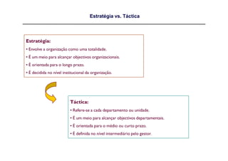 Estratégia vs. Táctica




Estratégia:
• Envolve a organização como uma totalidade.
• É um meio para alcançar objectivos organizacionais.
• É orientada para o longo prazo.
• É decidida no nível institucional da organização.




                          Táctica:
                          • Refere-se a cada departamento ou unidade.
                          • É um meio para alcançar objectivos departamentais.
                          • É orientada para o médio ou curto prazo.
                          • É definida no nível intermediário pelo gestor.
 