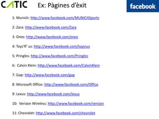 Ex: Pàgines d’èxit
1: Munich: http://www.facebook.com/MUNICHSports

2: Zara: http://www.facebook.com/Zara

3: Oreo: http://www.facebook.com/oreo

4: Toys’R’ us: http://www.facebook.com/toysrus

5: Pringles: http://www.facebook.com/Pringles

6: Calvin Klein: http://www.facebook.com/CalvinKlein

7: Gap: http://www.facebook.com/gap

8: Microsoft Office: http://www.facebook.com/Office

9: Lexus: http://www.facebook.com/lexus

10: Verizon Wireless: http://www.facebook.com/verizon

11: Chevrolet: http://www.facebook.com/chevrolet
 