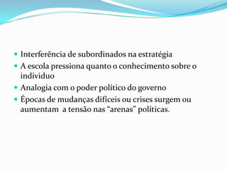 Interferência de subordinados na estratégia
 A escola pressiona quanto o conhecimento sobre o
  individuo
 Analogia com o poder político do governo
 Épocas de mudanças difíceis ou crises surgem ou
  aumentam a tensão nas “arenas” políticas.
 