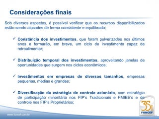 Considerações finais
Sob diversos aspectos, é possível verificar que os recursos disponibilizados
estão sendo alocados de forma consistente e equilibrada:

     Constância dos investimentos, que foram pulverizados nos últimos
      anos e formarão, em breve, um ciclo de investimento capaz de
      retroalimentar;

     Distribuição temporal dos investimentos, aproveitando janelas de
      oportunidades que surgem nos ciclos econômicos;

     Investimentos em empresas de diversos tamanhos, empresas
      pequenas, médias e grandes;

     Diversificação da estratégia de controle acionário, com estratégia
      de participação minoritária nos FIP’s Tradicionais e FMIEE’s e de
      controle nos FIP’s Proprietários;


                                                                               27
 