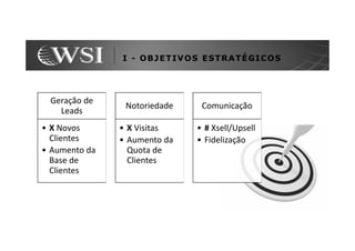 I - OBJETIVOS ESTRATÉGICOS




 Geração de
                Notoriedade    Comunicação
   Leads
• X Novos      • X Visitas    • # Xsell/Upsell
  Clientes     • Aumento da   • Fidelização
• Aumento da     Quota de
  Base de        Clientes
  Clientes
 