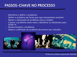 Identificar e definir o problema; Definir o problema de forma que seja mutuamente aceitável; Manter a declaração do problema clara e simples; Colocar o problema como meta e identificar os obstáculos para atingi-la; Despersonalizar o problema; Separar a definição do problema da procura por soluções. Professora Debora Aparecida Almeida PASSOS-CHAVE NO PROCESSO 