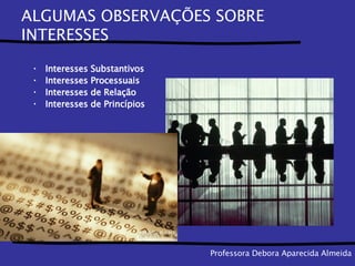 ALGUMAS OBSERVAÇÕES SOBRE INTERESSES Interesses Substantivos Interesses Processuais Interesses de Relação Interesses de Princípios Professora Debora Aparecida Almeida 
