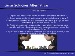 Gerar Soluções Alternativas Troca de Favores Quais assuntos são de maior ou menor prioridade para mim ? Quais assuntos são de maior ou menor prioridade para o outro ? Há qualquer questão  de alta prioridade para mim que seja de baixa prioridade  para o outro e vice-versa ? Posso “desmembrar” uma questão – quer dizer, transformar uma questão maior em duas questões menores que possam  ser, então, trocadas por favores ? Quais coisas seriam baratas para mim e valiosas para o outro, e que poderiam ser usadas na troca de favores ?  Professora Debora Aparecida Almeida 