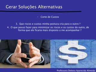 Gerar Soluções Alternativas Corte de Custos Que riscos e custos minha postura cria para o outro ? O que posso fazer para minimizar os riscos e os custos do outro, de forma que ele ficaria mais disposto a me acompanhar ? Professora Debora Aparecida Almeida 