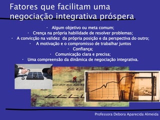 Fatores que facilitam uma negociação integrativa próspera Algum objetivo ou meta comum; Crença na própria habilidade de resolver problemas; A convicção na validez  da própria posição e da perspectiva do outro; A motivação e o compromisso de trabalhar juntos Confiança; Comunicação clara e precisa; Uma compreensão da dinâmica de negociação integrativa. Professora Debora Aparecida Almeida 