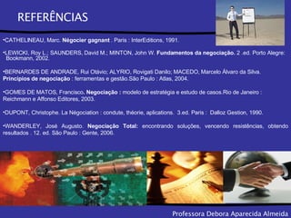 REFERÊNCIAS CATHELINEAU, Marc.  Négocier gagnant  . Paris : InterEditions, 1991. LEWICKI, Roy L.; SAUNDERS, David M.; MINTON, John W.  Fundamentos da negociação.  2 .ed. Porto Alegre:  Bookmann, 2002.   BERNARDES DE ANDRADE, Rui Otávio; ALYRIO, Rovigati Danilo; MACEDO, Marcelo Álvaro da Silva.  Princípios de negociação  : ferramentas e gestão.São Paulo : Atlas, 2004.  GOMES DE MATOS, Francisco . Negociação :  modelo de estratégia e estudo de casos.Rio de Janeiro :  Reichmann e Affonso Editores, 2003. DUPONT, Christophe. La Négociation : condute, théorie, aplications.  3.ed. Paris :  Dalloz Gestion, 1990.    WANDERLEY, José Augusto.  Negociação Total:  encontrando soluções, vencendo resistências, obtendo resultados . 12. ed. São Paulo : Gente, 2006. Professora Debora Aparecida Almeida 