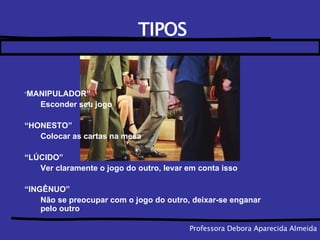 Professora Debora Aparecida Almeida TIPOS  “ MANIPULADOR” Esconder seu jogo “ HONESTO” Colocar as cartas na mesa “ LÚCIDO” Ver claramente o jogo do outro, levar em conta isso “ INGÊNUO” Não se preocupar com o jogo do outro, deixar-se enganar pelo outro 
