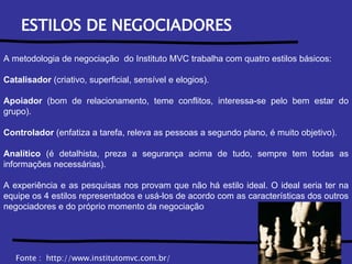 ESTILOS DE NEGOCIADORES A metodologia de negociação  do Instituto MVC trabalha com quatro estilos básicos:  Catalisador  (criativo, superficial, sensível e elogios).  Apoiador  (bom de relacionamento, teme conflitos, interessa-se pelo bem estar do grupo). Controlador  (enfatiza a tarefa, releva as pessoas a segundo plano, é muito objetivo). Analítico  (é detalhista, preza a segurança acima de tudo, sempre tem todas as informações necessárias).  A experiência e as pesquisas nos provam que não há estilo ideal. O ideal seria ter na equipe os 4 estilos representados e usá-los de acordo com as características dos outros negociadores e do próprio momento da negociação Fonte :  http://www.institutomvc.com.br/ 