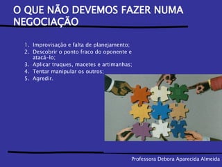 O QUE NÃO DEVEMOS FAZER NUMA NEGOCIAÇÃO Improvisação e falta de planejamento; Descobrir o ponto fraco do oponente e atacá-lo; Aplicar truques, macetes e artimanhas; Tentar manipular os outros; Agredir.  Professora Debora Aparecida Almeida 