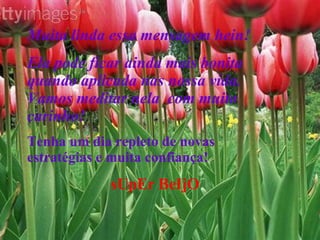 Muita linda essa mensagem hein! Ela pode ficar ainda mais bonita quando aplicada nas nossa vida. Vamos meditar nela  com muito carinho! Tenha um dia repleto de novas estratégias e muita confiança! sUpEr BeIjO 