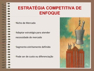 ESTRATÉGIA COMPETITIVA DE ENFOQUE Nicho de Mercado Adaptar estratégia para atender  necessidade de mercado Segmento estritamente definido  Pode ser de custo ou diferenciação 