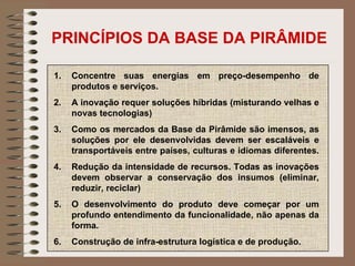 PRINCÍPIOS DA BASE DA PIRÂMIDE Concentre suas energias em preço-desempenho de produtos e serviços.  A inovação requer soluções híbridas (misturando velhas e novas tecnologias)  Como os mercados da Base da Pirâmide são imensos, as soluções por ele desenvolvidas devem ser escaláveis e transportáveis entre países, culturas e idiomas diferentes.  Redução da intensidade de recursos. Todas as inovações devem observar a conservação dos insumos (eliminar, reduzir, reciclar)  O desenvolvimento do produto deve começar por um profundo entendimento da funcionalidade, não apenas da forma.  Construção de infra-estrutura logística e de produção.  
