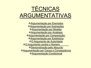 TÉCNICAS
ARGUMENTATIVAS
Argumentação por Exemplos
Argumentação por Ilustrações
Argumentação por Modelo:
Argumentação por Analogia:
Argumentação por Comparação:
Argumentação por Estatística
O Argumento de Autoridade
O Argumento contra o Homem
Demonstração pelo Absurdo
Argumentação por Causa e Conseqüência
Argumentação Condicional

 