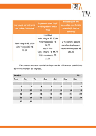 Hospedagem em
                                 Ingressos para Hopi
Ingressos para cinema                                        pousadas e/ou hotéis
                                 Hari Ingressos Wet’n
 nas redes Cinermark                                             fazenda (1 final de
                                          Wild
                                                                        semana)
                                        Hopi Hari
                                 Valor Integral R$ 60,00
                                  Valor repassado R$             O funcionário poderá
Valor integral R$ 20,00
                                          30,00               escolher desde que o
  Valor repassado R$
                                        Wet’n Wild           valor não ultrapasse R$
              10,00
                                 Valor Integral R$ 44,70                250,00
                                  Valor repassado R$
                                          22,35


      Para mensurarmos os resultados da promoção, utilizaremos os relatórios
de vendas mensais da empresa.


Janeiro                                                                              2011
Dom            Seg         Ter          Qua           Qui         Sex          Sab
                                                                                        1
          2           3             4             5         6              7            8
          9           10           11          12           13            14           15
      16              17           18          19           20            21           22
      23              24           25          26           27            28           29
      30              31
 