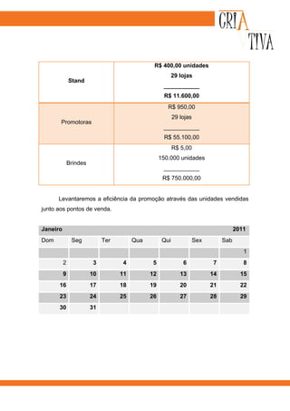 R$ 400,00 unidades
                                                          29 lojas
              Stand
                                                    ___________
                                                    R$ 11.600,00
                                                      R$ 950,00
                                                          29 lojas
       Promotoras
                                                    ___________
                                                    R$ 55.100,00
                                                          R$ 5,00
                                                   150.000 unidades
              Brindes
                                                    ___________
                                                    R$ 750.000,00


      Levantaremos a eficiência da promoção através das unidades vendidas
junto aos pontos de venda.


Janeiro                                                                               2011
Dom            Seg           Ter        Qua         Qui              Sex        Sab
                                                                                         1
          2             3          4          5               6            7             8
          9             10         11         12             13            14           15
      16                17         18         19             20            21           22
      23                24         25         26             27            28           29
      30                31
 