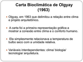 Carta Bioclimática de Olgyay
(1963)
 Olgyay, em 1963 que delimitou a relação entre clima
e projeto arquitetônico.
 A carta foi a primeira representação gráfica a
mostrar a conexão entre clima e o conforto humano.
 Ela simplesmente relacionava a temperatura de
bulbo seco com a umidade relativa.
 Variáveis interdependentes: clima/ biologia/
tecnologia/ arquitetura.
 