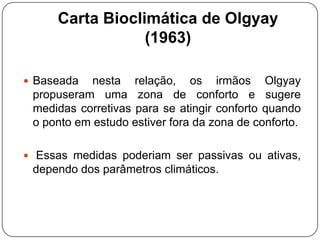 Carta Bioclimática de Olgyay
(1963)
 Baseada nesta relação, os irmãos Olgyay
propuseram uma zona de conforto e sugere
medidas corretivas para se atingir conforto quando
o ponto em estudo estiver fora da zona de conforto.
 Essas medidas poderiam ser passivas ou ativas,
dependo dos parâmetros climáticos.
 