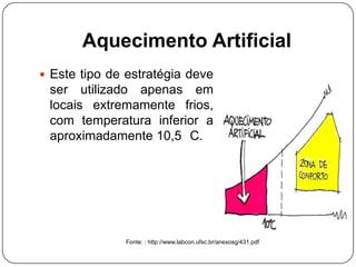 Aquecimento Artificial
Fonte: : http://www.labcon.ufsc.br/anexosg/431.pdf
 Este tipo de estratégia deve
ser utilizado apenas em
locais extremamente frios,
com temperatura inferior a
aproximadamente 10,5 C.
 