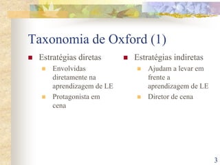 3
Taxonomia de Oxford (1)
 Estratégias diretas
 Envolvidas
diretamente na
aprendizagem de LE
 Protagonista em
cena
 Estratégias indiretas
 Ajudam a levar em
frente a
aprendizagem de LE
 Diretor de cena
 