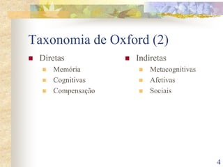 4
Taxonomia de Oxford (2)
 Diretas
 Memória
 Cognitivas
 Compensação
 Indiretas
 Metacognitivas
 Afetivas
 Sociais
 