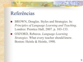 9
Referências
 BROWN, Douglas. Styles and Strategies. In:
Principles of Language Learning and Teaching.
Londres: Prentice Hall, 2007. p. 103-133.
 OXFORD, Rebecca. Language Learning
Strategies. What every teacher should know.
Boston: Heinle & Heinle, 1990.
 