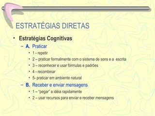 ESTRATÉGIAS DIRETAS Estratégias Cognitivas A.  Praticar 1 - repetir  2 – praticar formalmente com o sistema de sons e a  escrita 3 – reconhecer e usar fórmulas e padrões 4 - recombinar 5- praticar em ambiente natural B.   Receber e enviar mensagens 1 – “pegar” a idéia rapidamente 2 – usar recursos para enviar e receber mensagens 