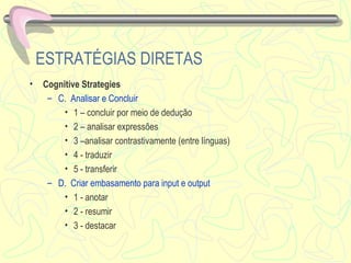 ESTRATÉGIAS DIRETAS Cognitive Strategies C.  Analisar e Concluir 1 – concluir por meio de dedução 2 – analisar expressões 3 –analisar contrastivamente (entre línguas) 4 - traduzir 5 - transferir D.  Criar embasamento para input e output 1 - anotar 2 - resumir 3 - destacar 