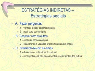 ESTRATÉGIAS INDIRETAS   –  Estratégias sociais -  A.  Fazer perguntas 1 – verificar e pedir esclarecimentos  2 – pedir para ser corrigido B.  Cooperar com os outros 1 – cooperar com os colegas 2 – colaborar com usuários proficientes da nova língua C.  Solidarizar-se com os outros 1 – desenvolver entendimento cultural 2 – conscientizar-se dos pensamentos e sentimentos dos outros 