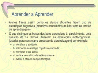Aprender a Aprender Alunos fracos assim como os alunos eficientes fazem uso de estratégias cognitivas (maneiras conscientes de lidar com as tarefas de aprendizagem).  O que distingue os fracos dos bons aprendizes é, parcialmente, uma questão de os últimos utilizarem as estratégias metacognitivas. (usadas para controlar o processo de aprendizagem) por exemplo: a. identificar a atividade; b. selecionar a estratégia cognitiva apropriada; c. monitorar o uso desta; d. verificar se a atividade está completa e e. avaliar a eficácia da aprendizagem. 