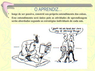 O APRENDIZ… longe de ser passivo, constrói seu próprio entendimento das coisas. Esse entendimento será único pois as atividades de aprendizagem serão abordadas segundo as estratégias individuais de cada um. 