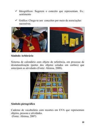 10
 Ideográficos: Sugerem o conceito que representam. Ex.:
sentimento
 Gráfico: Chega-se aos conceitos por meio de associações
sucessivas.
Símbolo Arbitrário
Sistema de calendário com objeto de referência, em processo de
desnaturalização (partes dos objetos colados em cartões) que
antecipam as atividades (Fonte: Ahimsa, 2008).
Símbolo pictográfico
Caderno de vocabulário com recortes em EVA que representam
objetos, pessoas e atividades.
(Fonte: Ahimsa, 2007)
 
