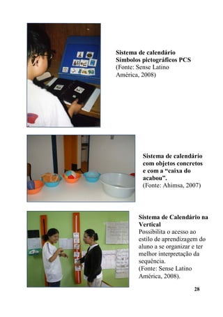 28
Sistema de calendário
Símbolos pictográficos PCS
(Fonte: Sense Latino
América, 2008)
Sistema de calendário
com objetos concretos
e com a “caixa do
acabou”.
(Fonte: Ahimsa, 2007)
Sistema de Calendário na
Vertical
Possibilita o acesso ao
estilo de aprendizagem do
aluno a se organizar e ter
melhor interpretação da
sequência.
(Fonte: Sense Latino
América, 2008).
 