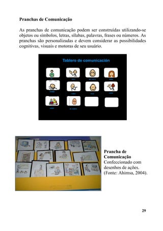29
Pranchas de Comunicação
As pranchas de comunicação podem ser construídas utilizando-se
objetos ou símbolos, letras, sílabas, palavras, frases ou números. As
pranchas são personalizadas e devem considerar as possibilidades
cognitivas, visuais e motoras de seu usuário.
Tablero de comunicación
YO
JUGAR
COMER FELIZ
ADIOS
DORMIR
HOLA ME GUSTA MAMA
NO QUIERO
Prancha de
Comunicação
Confeccionado com
desenhos de ações.
(Fonte: Ahimsa, 2004).
 