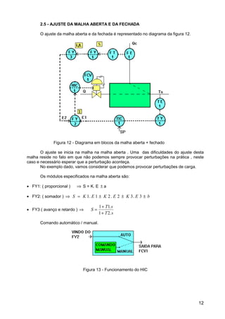 12
2.5 - AJUSTE DA MALHA ABERTA E DA FECHADA
O ajuste da malha aberta e da fechada é representado no diagrama da figura 12.
Figura 12 - Diagrama em blocos da malha aberta + fechado
O ajuste se inicia na malha na malha aberta . Uma das dificuldades do ajuste desta
malha reside no fato em que não podemos sempre provocar perturbações na prática , neste
caso e necessário esperar que a perturbação aconteça.
No exemplo dado, vamos considerar que podemos provocar perturbações de carga.
Os módulos especificados na malha aberta são:
• FY1: ( proporcional ) ⇒ S = K. E ± a
• FY2: ( somador ) ⇒ S K E K E K E b= ± ± ±1 1 2 2 3 3. . .
• FY3 ( avanço e retardo ) ⇒ S
T s
T s
=
+
+
1 1
1 2
.
.
Comando automático / manual.
Figura 13 - Funcionamento do HIC
 