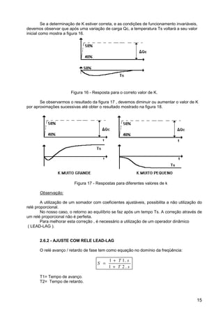 15
Se a determinação de K estiver correta, e as condições de funcionamento invariáveis,
devemos observar que após uma variação de carga Qc, a temperatura Ts voltará a seu valor
inicial como mostra a figura 16.
Figura 16 - Resposta para o correto valor de K.
Se observarmos o resultado da figura 17 , devemos diminuir ou aumentar o valor de K
por aproximações sucessivas até obter o resultado mostrado na figura 18.
Figura 17 - Respostas para diferentes valores de k
Observação:
A utilização de um somador com coeficientes ajustáveis, possibilita a não utilização do
relé proporcional.
No nosso caso, o retorno ao equilíbrio se faz após um tempo Ts. A correção através de
um relé proporcional não é perfeita.
Para melhorar esta correção , é necessário a utilização de um operador dinâmico
( LEAD-LAG ).
2.6.2 - AJUSTE COM RELE LEAD-LAG
O relé avanço / retardo de fase tem como equação no domínio da freqüência:
S
T s
T s
=
+
+
1 1
1 2
.
.
T1= Tempo de avanço.
T2= Tempo de retardo.
 