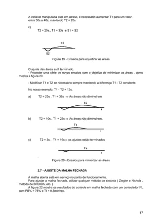 17
A variável manipulada está em atraso, é necessário aumentar T1 para um valor
entre 30s e 40s, mantendo T2 = 20s.
c)
T2 = 20s., T1 = 33s e S1 = S2
Figura 19 - Ensaios para equilibrar as áreas
O ajuste das áreas está terminado.
- Proceder uma série de novos ensaios com o objetivo de minimizar as áreas , como
mostra a figura 20.
- Modificar T1 e T2 se necessário sempre mantendo a diferença T1 - T2 constante.
No nosso exemplo, T1 - T2 = 13s.
a) T2 = 25s , T1 = 38s ⇒ As áreas não diminuíram
b) T2 = 10s , T1 = 23s ⇒ As áreas não diminuíram.
c) T2 = 3s , T1 = 16s⇒ os ajustes estão terminados
.
Figura 20 - Ensaios para minimizar as áreas
2.7 - AJUSTE DA MALHA FECHADA
A malha aberta está em serviço no ponto de funcionamento.
Para ajustar a malha fechada, utilizar qualquer método de sintonia ( Ziegler e Nichols ,
método de BROIDA ,etc. )
A figura 22 mostra os resultados do controle em malha fechada com um controlador PI,
com PB% = 75% e TI = 0,5min/rep.
 