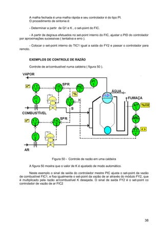 38
A malha fechada é uma malha rápida e seu controlador é do tipo PI.
O procedimento de sintonia é:
- Determinar a partir de Q1 e K , o set-point do FIC.
- A partir de degraus efetuados no set-point interno do FIC, ajustar o PID do controlador
por aproximações sucessivas ( tentativa e erro ).
- Colocar o set-point interno do TIC1 igual a saída do FY2 e passar o controlador para
remoto.
EXEMPLOS DE CONTROLE DE RAZÃO
Controle de ar/combustível numa caldeira ( figura 50 ).
Figura 50 - Controle de razão em uma caldeira
A figura 50 mostra que o valor de K é ajustado de modo automático.
Neste exemplo o sinal de saída do controlador mestre PIC ajusta o set-point da vazão
de combustível FIC1, e fixa igualmente o set-point da vazão de ar através do módulo FY2, que
é multiplicado pela razão ar/combustível K desejada. O sinal de saída FY2 é o set-point co
controlador de vazão de ar FIC2
 