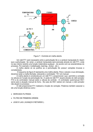 9
Figura 7 - Controle em malha aberta
Um relê FY1 será necessário entre a perturbação Qc e a variável manipulada Q. Assim
que a perturbação Qc variar, a variável manipulada será acionada através do relê FY1, onde
no seu interior existirá uma função matemática qualquer , de acordo com as características do
processo. Por exemplo ( multiplicação, lead-lag , divisor , etc ) .
A malha aberta só se justifica se a perturbação Qc possuir variações bruscas e
consideráveis.
O esquema da figura 8 representa uma malha aberta. Para o estudo e sua otimização,
devemos isolar a malha fechada, colocando o controlador TC1 em manual.
A malha aberta é constituída por um relê FY1 ( proporcional ) que permitirá a correção
na válvula em função da perturbação Qc. A saída do relê FY1 atuará através do relê somador
FY2 e do controlador manual sobre a válvula de controle . O controlador auto/manual HIC1
serve para a atuação manual do forno . No caso de HIC1 estiver em manual, o relé somador
não atuará no processo.
O relé proporcional FY1 realizará a função de correção. Podemos também associar a
ele uma função dinâmica como :
• DERIVADA FILTRADA .
• FILTRO DE PRIMEIRA ORDEM.
• LEAD E LAG ( AVANÇO E RETARDO ).
 