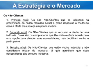 A Estratégia e o Mercado
13
1. Primeiro nível: Os não Não-Clientes que se localizam na
proximidade do nosso mercado actual e estão dispostos a mudar-se
caso a oferta lhes pareça um pouco melhor.
2. Segundo nível: Os Não-Clientes que se recusam a oferta de uma
indústria. Estes são os compradores que têm visto a oferta actual como
uma opção para atender suas necessidades, mas decidiram contra o
participante.
3. Terceiro nível: Os Não-Clientes que estão noutra industria e não
consideram mudar de indústria, já que acreditam que suas
necessidades são de outra indústria.
Os Não-Clientes
 